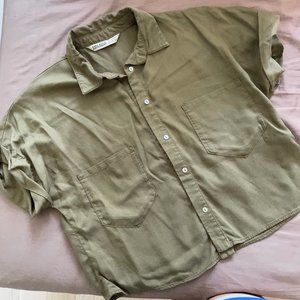 Zara Army Green Short Sleeved Crop Shirt Top